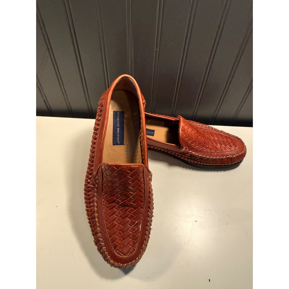 Giorgio Brutini Palm Mens 11 D Woven Cognac Brown Leather Loafers 9502